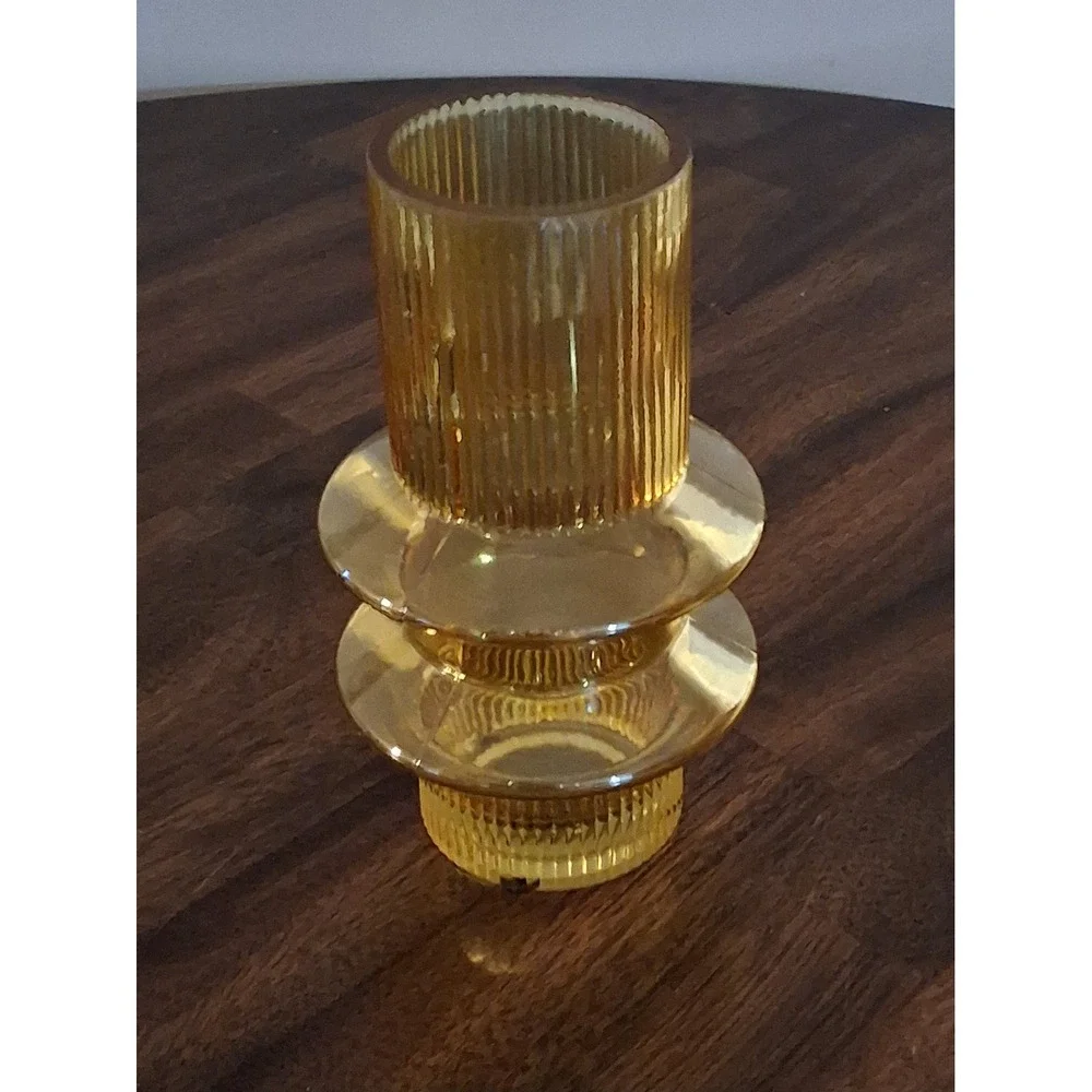 Amber Ribbed Glass Vase Mid Century Modern UFO Geometric Fluted Bud Vase 8 Inch